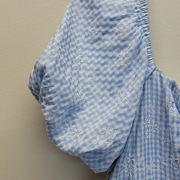 ORIGINALITY BLUE WHITE GINGHAM TIE-FRONT PUFF SLEEVE MINI DRESS SZ MEDIUM - Picture 7 of 14